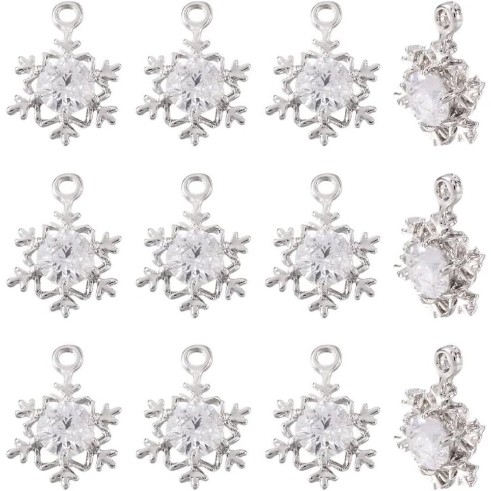 Beadthoven 100Pcs Cubic Zirconia Alloy Charms Snowflake Shaped Platinum Christma
